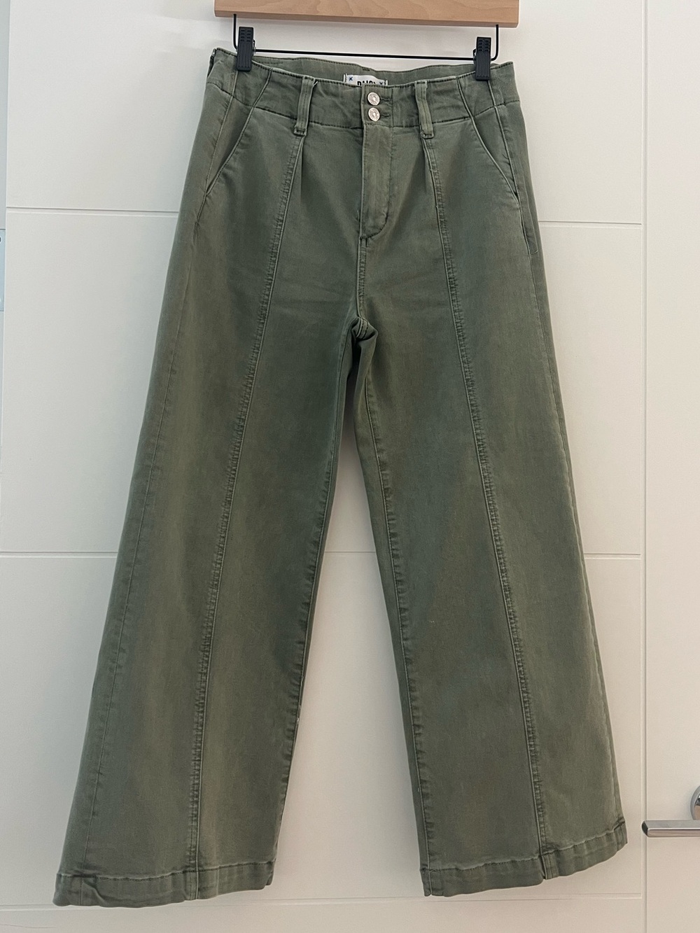 PAIGE Brooklyn cropped wide leg pants in vintage olive green. 26.